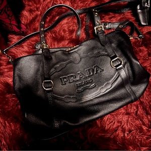 PRADA MILANO Embossed Black Pebbled Leather Tote